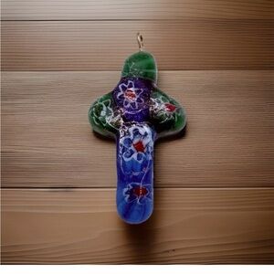 Vintage Millefiore Blue Cross Pendant Glass Multicolor Rustic Unisex 1.5”
